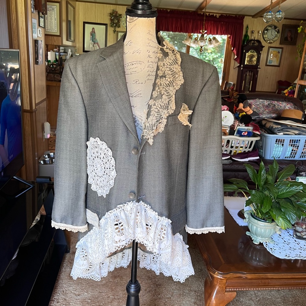 Upcycled Blazer Jacket-Reworked Lace-Antique Lace Doilies